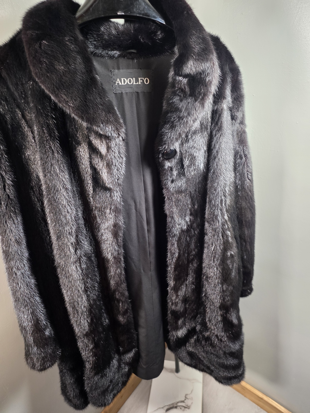 Adolfo Black Faux Fur Trim Pea Coat